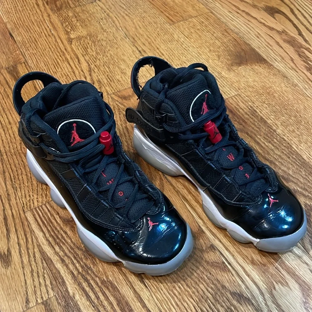 Jordan 6 Rings Black/Gym Red/White Sneakers. Size 3.5Y. Excellent Condition.